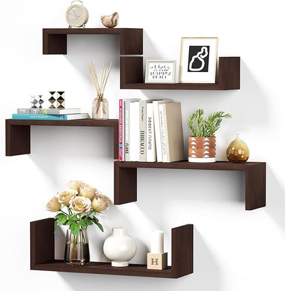 SRIWATANA Floating Shelves for Wall, Wall Shelves for Bathroom, Bedroom, Living Room, Kitchen, Office, Wood Shelves for Home Decor Set of 5 (Dark Walnut)