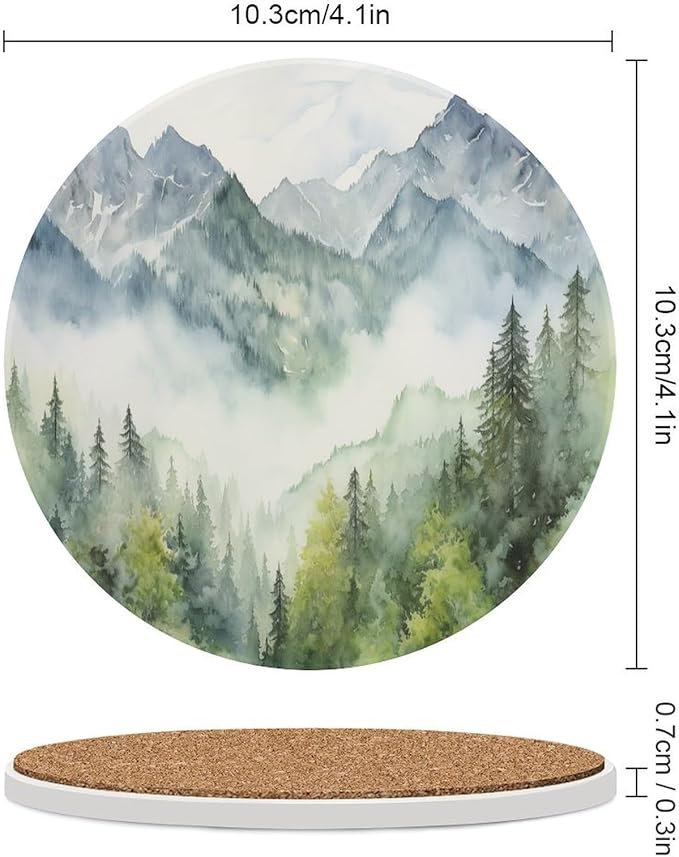 Round-6PCS Forest Ceramic Coasters, Round Absorbent Drink Coasters, Watercolor Style Nature Woodland Green Forest Mountain Plant Ceramic Table Coasters for Coffee, Beverage, Wine, Beer Coasters