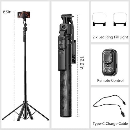 Auto Face Tracking Selfie Stick Tripod for iPhone with Light 360 Rotation 63" Phone Camera Tripod Stand Follows Your Movement with Remote for Content Creator Vlog Live Stream Video Recording