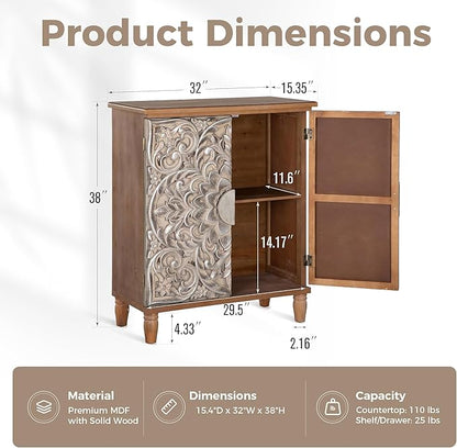 MAISON ARTS Accent Cabinet with 2 Doors and 1 Shelf, Silver Embossed Storage Cabinet with Solid Wood Frame, Holds Up to 245lbs, Elegant Furniture for Living Room or Entryway