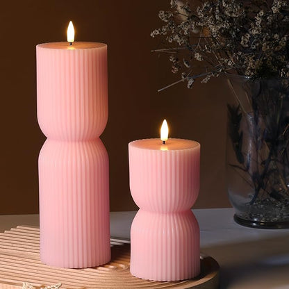 Pink Ribbed Flameless Pillar Candles with Remote, Flickering LED Candles Battery Operated Real Wax Set of 2