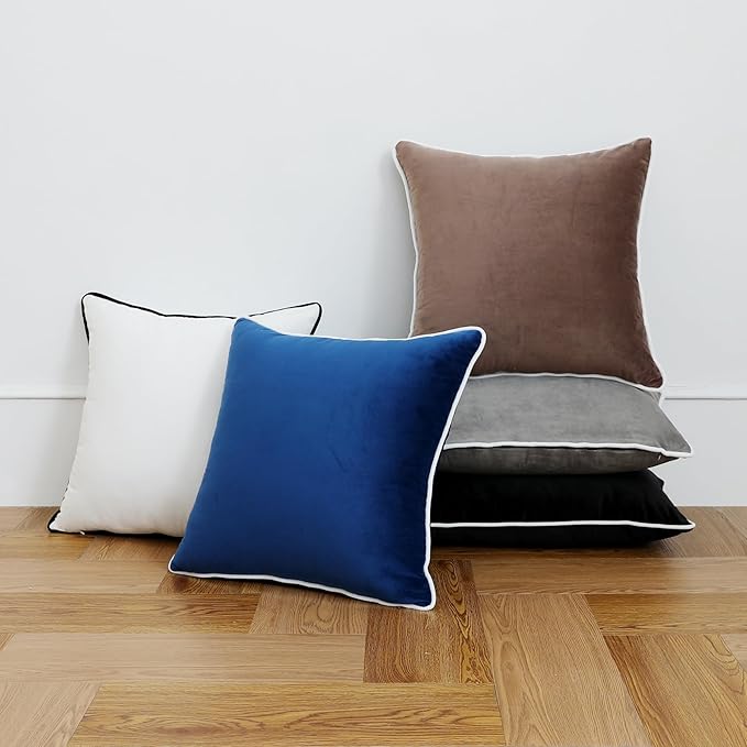 LIGICKY Set of 2 Navy Blue Velvet Throw Pillow Covers Modern Minimalist Style Solid Decorative White Rope Edging Soft Square Cushion Cases for Sofa Bedroom Party Décor, 18 x 18 inch