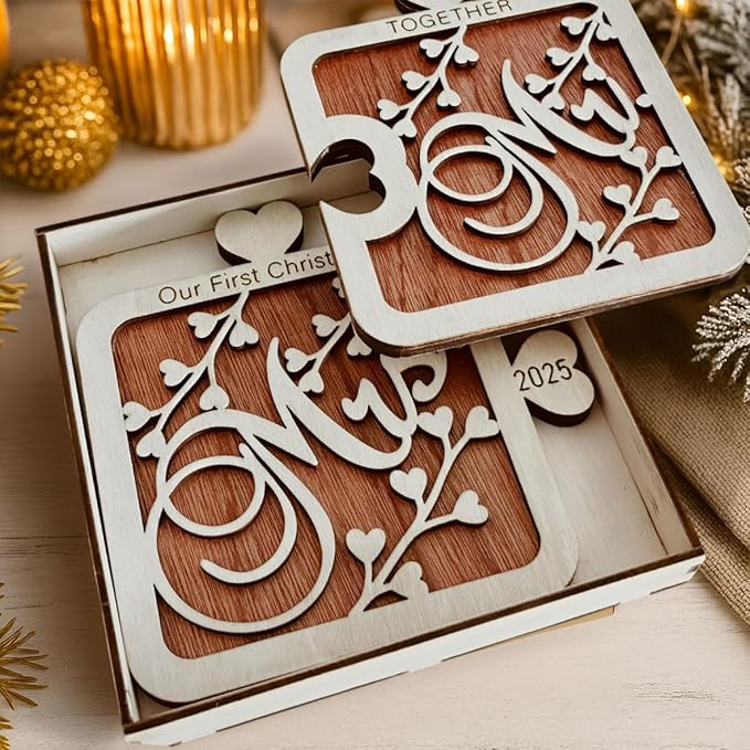 Mr & Mrs 2025 Wooden Puzzle Coaster Set – Our First Christmas Together Gift for Couple, Newlywed, Engagement, Anniversary Present, Rustic Wood Decor, Wedding Gift Idea