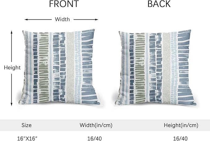 Blue Green Pillow Covers 16x16 Set of 2 Boho Striped Dots Print Pattern Decorative Outdoor Zipper Pillowcases Rustic Decoration Farmhouse Linen Throw Cushion Cover Decor for Home Couch Sofa Bed