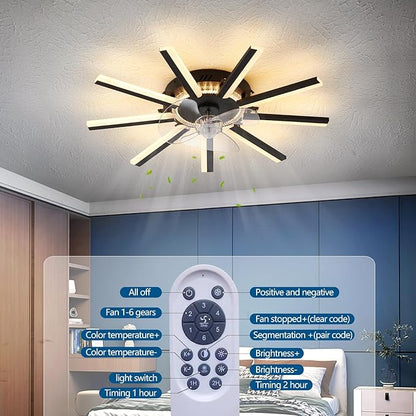 HuixuTe 27" Black Straight Strip Ceiling Fan with Lights Remote Control, 3 Colors 6 Speeds Low Profile Ceiling Fan with Light for Kitchen Bedroom