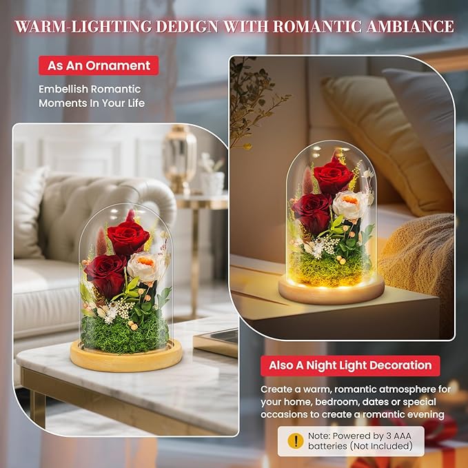 Forever Flowers Preserved Roses Prime Delivery for Women, Glass Dome Light Up Preserved Flowers, Christmas Anniversary Thanksgiving Gifts for Wife Girlfriend Women Best Friend Grandma(Red)
