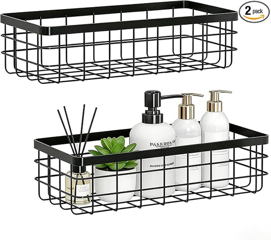 Hanging Wire Storage Baskets, Metal Wall Organizer, Adhesive Wall Storage Shelves for Kitchen, Bathroom Pantry (Spice Rack, Cabinet Organizer, Shower Caddy) Black-2 Packs