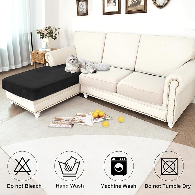 NAISI Waterproof Couch Cushion Covers Thick Velvet Fabric Washable Sofa Slipcovers 1 Piece Individual Sectional Couch Covers with Elastic Bottom(1 PC for Chaise Lounge,Black)