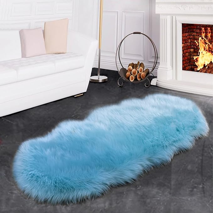 SERISSA Ultra Soft Fluffy Rug Sky Blue Faux Sheepskin Fur Rug Shaggy Couch Cover Furry Carpet for Kids Room Bedroom Living Room Runner, 2x6 Feet (Sheepskin Shape,Sky Blue)