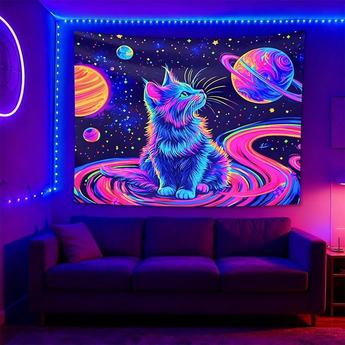 seewan Black Light Space Cat Tapestry, Glow-in-the-Dark UV Neon Galaxy Kitten with Planets Wall Hanging, Psychedelic Cosmic Art Tapestry, Bedroom Dorm Living Room Background Decor