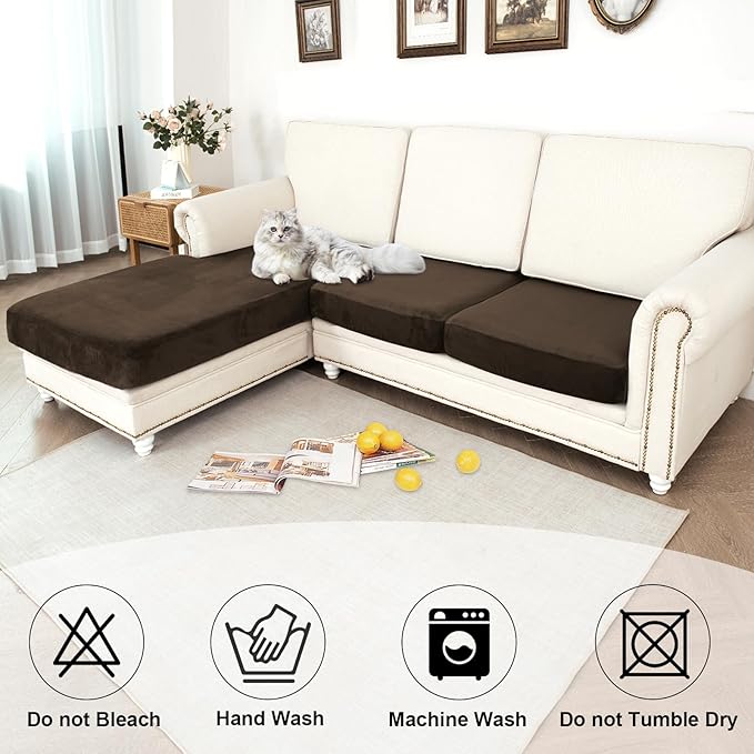 NAISI Waterproof Couch Cushion Covers Thick Velvet Fabric Washable Sofa Slipcovers Sectional Couch Covers for 3 Pieces Separate L Shape Couch Cover with Elastic Bottom(2 Seater + 1 Chaise, Caramel)