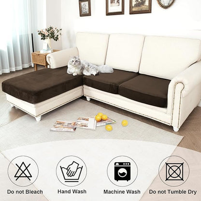 NAISI Waterproof Couch Cushion Covers Thick Velvet Fabric Washable Sofa Slipcovers Sectional Couch Covers for 3 Pieces Separate L Shape Couch Cover with Elastic Bottom(2 Seater + 1 Chaise, Caramel)