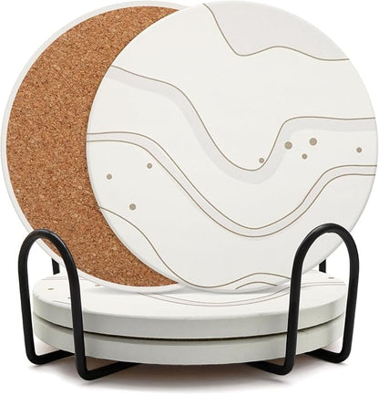 Coaster Set of 4, Drink Coasters with Holder, Absorbent Ceramic Coasters for Dining Table, 4 Inch Round Coasters Set for Drinks, Cup Coaster for Home Decor, Housewarming Gift, (R&C)