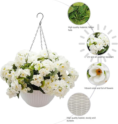 Hanging Planters with Plant Hangers for Indoor Outdoor Decor 2 Pack Artificial White Geranium 26CM Half-Round White Plastic Hanging Baskets with Durable Iron