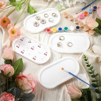 MotiMind 4 Set Ceramics to Paint Oval Jewelry Tray Ready to Paint Your Own Ceramic Ring Dish Holder DIY Unpainted Plaster Trinket Dish Paintable Tray Crafts with Brush Palette for Adults