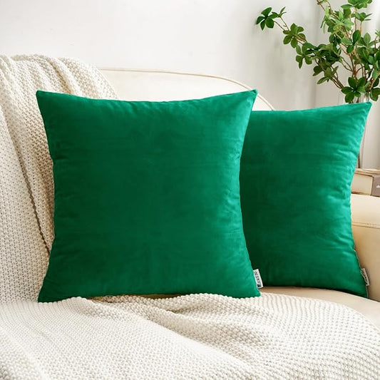 HWY 50 Dark Green Velvet Throw Pillow Covers 18x18 Inch, Pack of 2 Soft Cozy Solid Decorative Luxury Cushion Cases for Couch Sofa Bed Living Room Bedroom