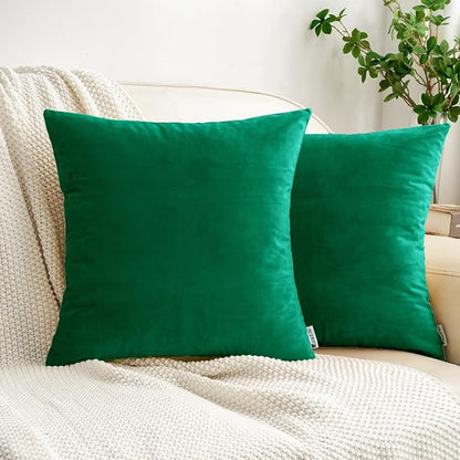 HWY 50 Dark Green Velvet Throw Pillow Covers 16x16 Inch, Pack of 2 Soft Cozy Solid Decorative Luxury Cushion Cases for Couch Sofa Bed Living Room Bedroom
