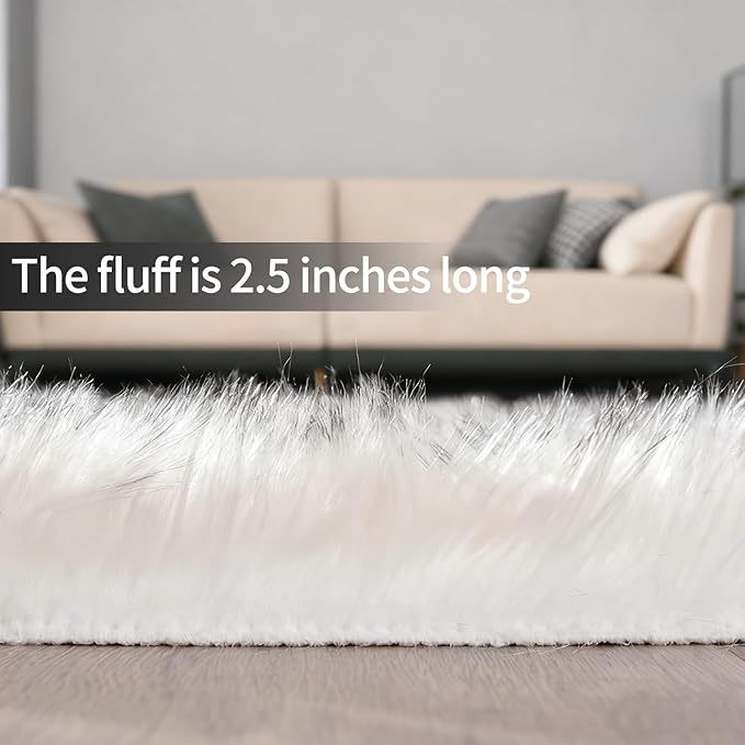 Faux Fur Sheepskin Area Rug for Living Room Bedroom, White with Grey Tips, 2 x 6 Feet Ultra Soft Shaggy Fuzzy Furry Carpet Chair Throw Runner Rugs for Kids, Girls, Nursery Room Decor Dorms
