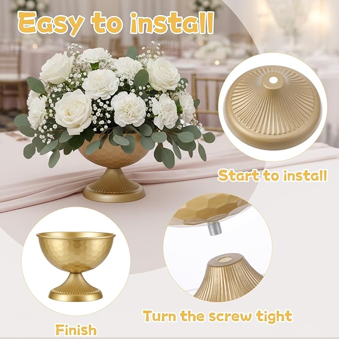 4 Pcs Gold Vases for Wedding Centerpieces, 5.9'' W x 7.3''H Gold Compote Bowl Vase Vintage Decorative Metal Vase Wedding Table Centerpieces Golds Flower Vases for Party Anniversary Reception Dinner