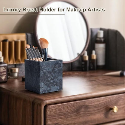 Real Natural Travertine Marble Toothbrush Holder & Pen Holder & Makeup Brush Holder & Utensil Holder, Genuine Stone Rectangular Bathroom Tumbler Cup, Durable Office & Home Countertop Organizer