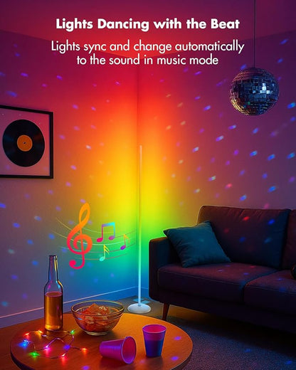 Corner Floor Lamp Silver, Smart RGB LED Corner Lamp with App & Remote, Modern Floor Lamp for Living Room, Bedroom, Color Changing Standing Lamps with 16 Million Colors, Scene Modes, Music Sync