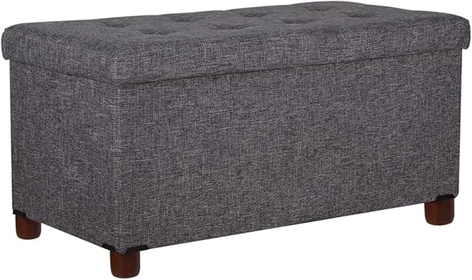 30 Inches Storage Ottoman Bench, Rect Grey, Modern, Classic Style, Linen Fabric, Walnut Wood Legs