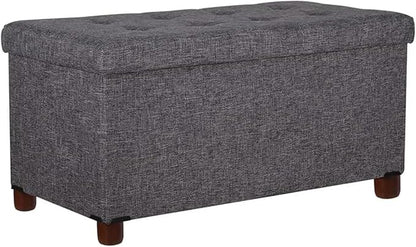 30 Inches Storage Ottoman Bench, Rect Grey, Modern, Classic Style, Linen Fabric, Walnut Wood Legs