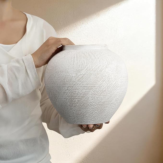 Large Ceramic Rustic Vase, 7.9 inch Minimalist Decorative Farmhouse Tall Vase for Home Decor, Living Room, Shelf Decor, Enterway, Wedding, Table Decoration, White