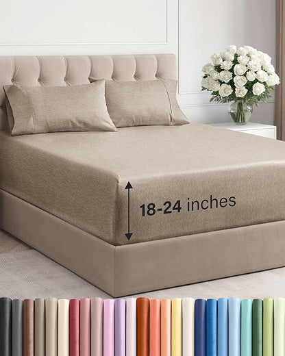 Extra Deep Twin Sheet Set - 4 Piece Breathable and Cooling Sheets - Hotel Luxury Bed Sheets Set - Easy Fit - Soft, Wrinkle Free and Comfy Sheets Set - Heathered Beige Sheet Set with Extra Deep Pockets