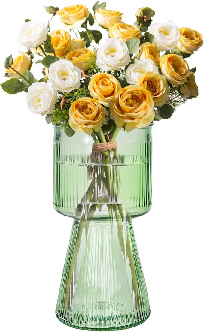 VECELO Modern Ribbed Glass Vase, Clear Flower Vase for Table Centerpiece, Modern Glass Vase for Living Room, Bedroom, Dining Table, Entryway, Office, Wedding, 7.5 Inches