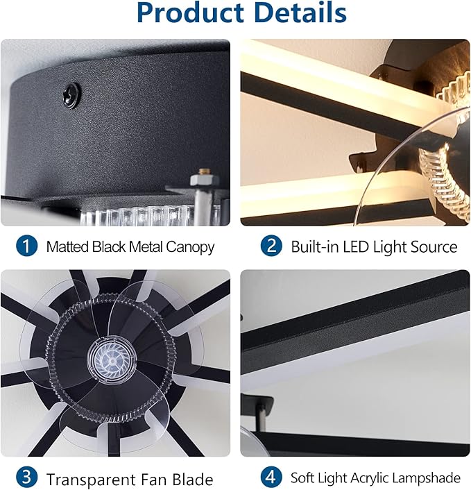 HuixuTe 27" Black Straight Strip Ceiling Fan with Lights Remote Control, 3 Colors 6 Speeds Low Profile Ceiling Fan with Light for Kitchen Bedroom