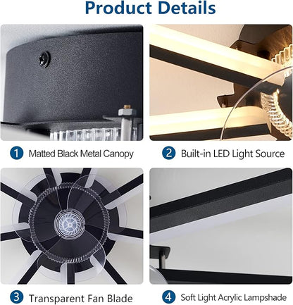 HuixuTe 27" Black Straight Strip Ceiling Fan with Lights Remote Control, 3 Colors 6 Speeds Low Profile Ceiling Fan with Light for Kitchen Bedroom