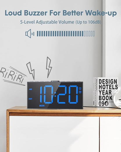 Digital Alarm Clock for Bedroom Heavy Sleepers,7.5''Large Display,2 Alarms,Weekday/Weekend,Electric Bedside Desk Clock,Adjustable Volume,Dual Charging Ports,Snooze,Dimmer,Memory Function,12/24H &DST