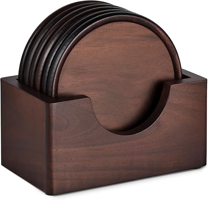 Wood Coasters with Holder, GOH DODD Set of 6 Walnut Wooden Coaster Tabletop Protection for Drinks Coffee Table Home Kitchen Office Bar Living Room Decor Housewarming Gifts Wedding Party