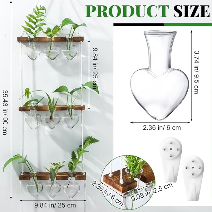 Leinuosen Wall Hanging Plant Propagation Stations 3 Tiered Planter Terrarium with Wooden Stand Home Decor Valentines Gifts for Her Hydroponics Plant Lovers - 9 Glass Vases(Heart Shaped,Clear)