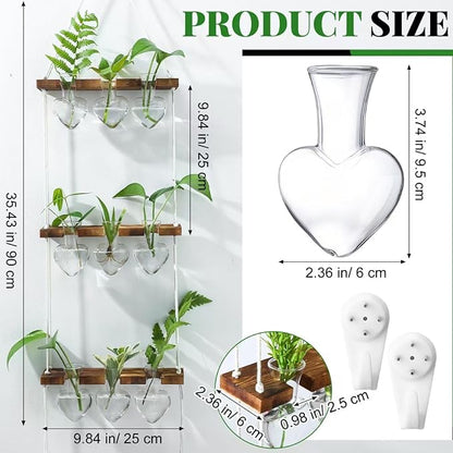 Leinuosen Wall Hanging Plant Propagation Stations 3 Tiered Planter Terrarium with Wooden Stand Home Decor Valentines Gifts for Her Hydroponics Plant Lovers - 9 Glass Vases(Heart Shaped,Clear)
