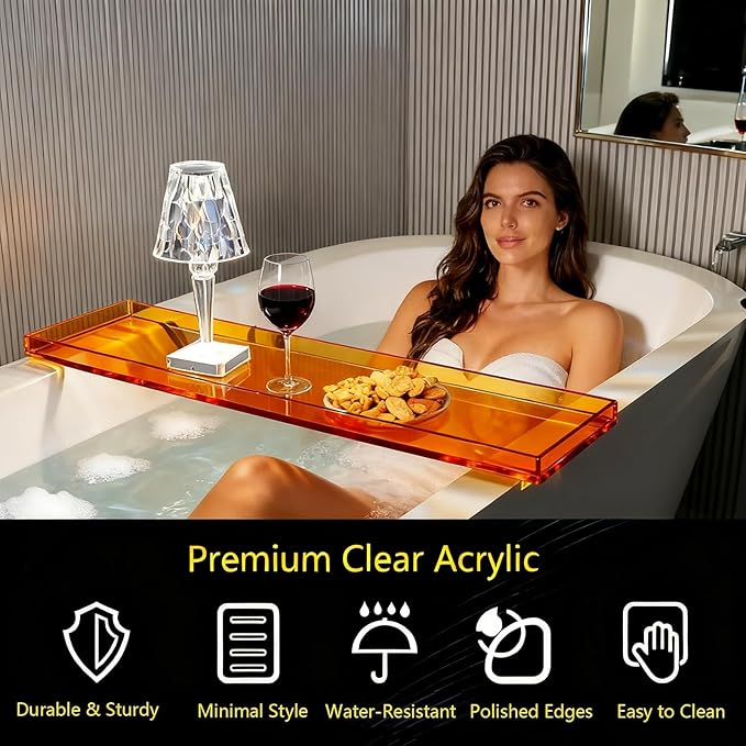 Bathtub Tray Table, Clear Acrylic, Anti-Slip Bath Caddy, (Amber, L32.3″ x W7.87″ x H1.18″)