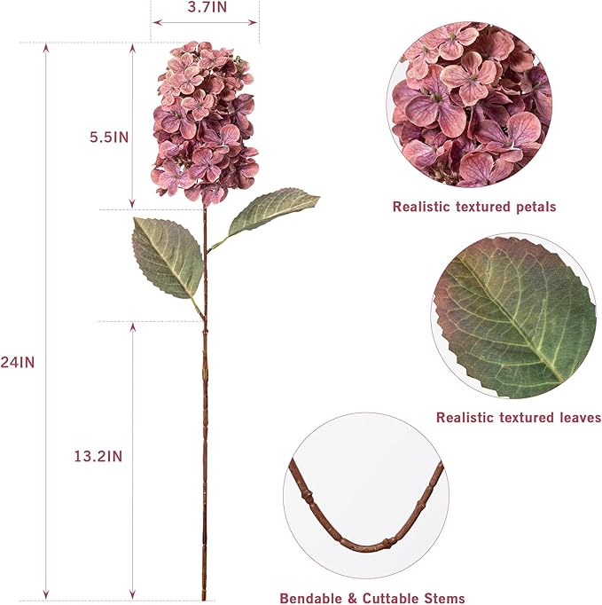Burgundy Hydrangea Artificial Flowers,Fall Hydrangeas Artificial Flowers, Fake Fall Dried Hydrangea Decoration,Faux Silk Flower with Stems Winter Decor(Red Rose 24" 8pcs) Without Vase