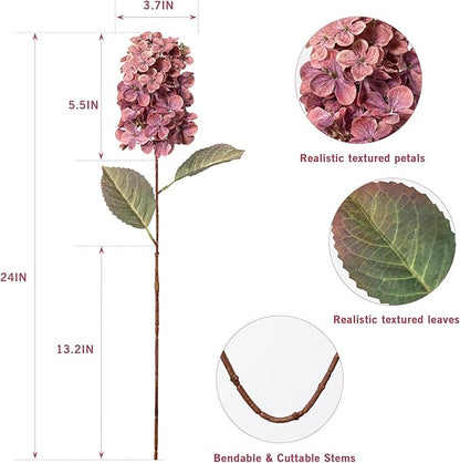 Burgundy Hydrangea Artificial Flowers,Fall Hydrangeas Artificial Flowers, Fake Fall Dried Hydrangea Decoration,Faux Silk Flower with Stems Winter Decor(Red Rose 24" 8pcs) Without Vase