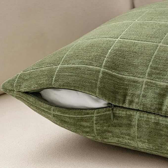 MIULEE Decorative Chenille Check Throw Pillow Covers Vintage Plaid Couch Pillows 18x18 Inch Set of 2 Neutral Boho Farmhouse Cushion Covers Modern Spring Decor for Sofa Bed Living Room Grass Green