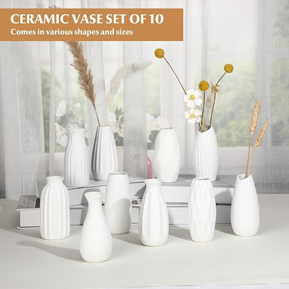 Ziliny Set of 10 White Ceramic Bud Vases 5'' Boho Small Vases in Bulk for Flowers Mini Vases for Centerpieces Modern Vase Dining Table Centerpieces for Wedding Decorations Bedroom Home Decor Gift