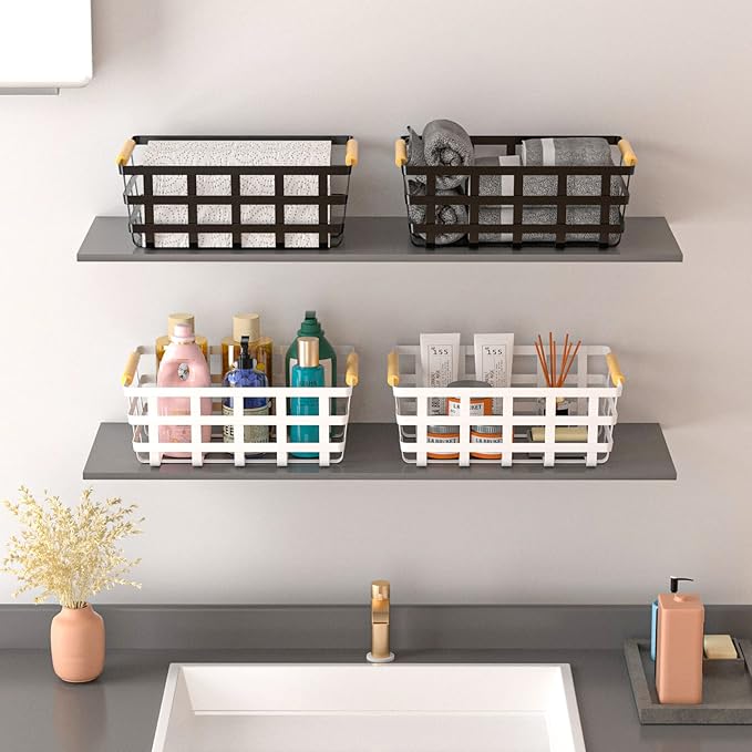 Farmhouse Baskets Pantry Storage Baskets, 2 Packs Metal Wire Food Organizer Storage Bin Basket Wood Handles for Kitchen Cabinets Shelf Pantry,White