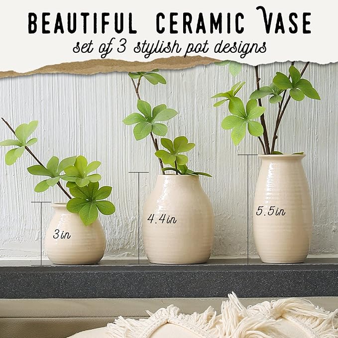 White Vases for Rustic Home Decor - Modern Farmhouse Ceramic Vase Set for Fireplace, Flowers, Living Room - Farmhouse Decorations for The Home, Set of 3