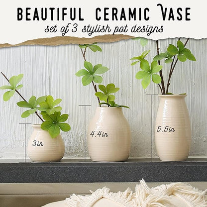 White Vases for Rustic Home Decor - Modern Farmhouse Ceramic Vase Set for Fireplace, Flowers, Living Room - Farmhouse Decorations for The Home, Set of 3