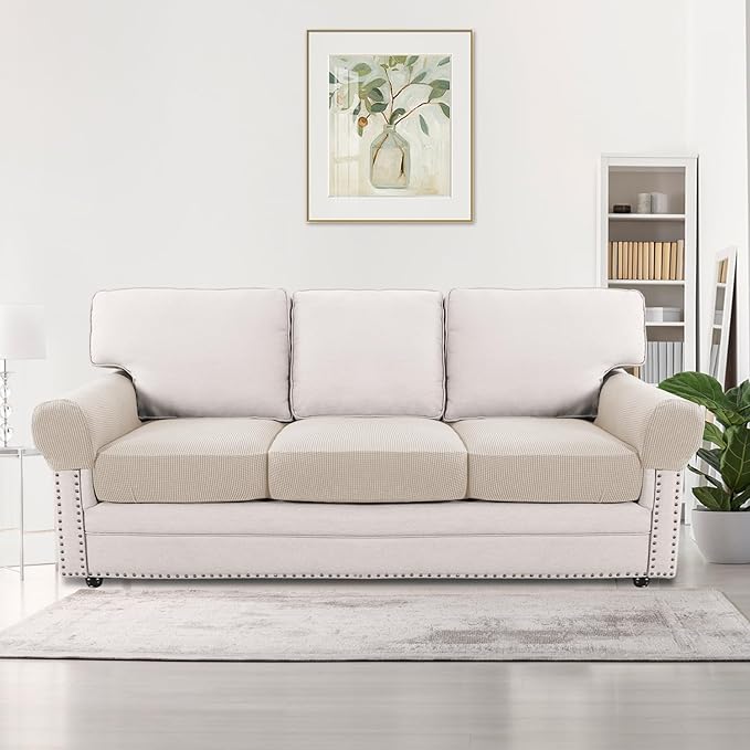 H.VERSAILTEX High Stretch Cushion Cover Washable Sofa Covers for 3 Cushion Couch Thick Jacquard Textured Twill Fabric (3 Piece Loveseat Cushion Cover with Armrest, Ivory)