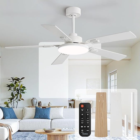 52 Inch Ceiling Fans with Lights and Remote for Bedroom Living Room Kitchen Office, Indoor/Outdoor Use, 5CCT Dimmable, 5 Blades, 6 Speed Reversible Quiet DC Motor, White/Wood Grain