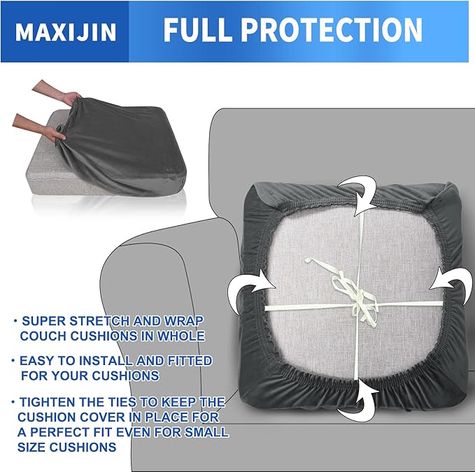 MAXIJIN Velvet Stretch Seat Cushion Covers Couch Cushion Cover for Individual Cushions Sofa Seat Cushion Slipcovers with Elastic Bottom (2 Piece Sofa Cushion Covers, Gray)