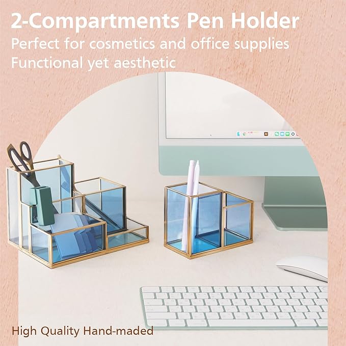 FONDAZZA Gold & Blue Glass Desk Organizer - Elegant Office Decor, Aesthetic Makeup Brush Holder, 2-Compartment Pen Holder, Pencil Cup, Vanity & Cosmetic Storage, Desk Accessories for Women