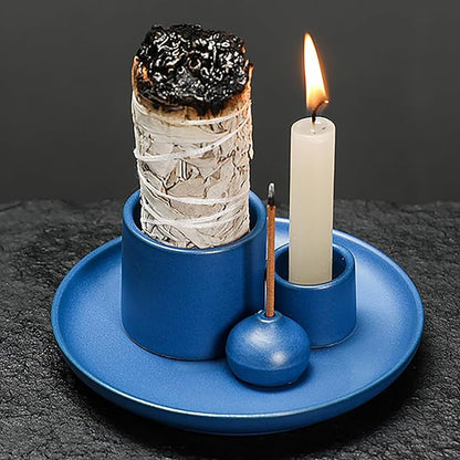 4 in 1 Multifunctional Ceramic Incense and Candle Holder with Ash Catcher Tray Suit for Burning White Sage, Palo Santo Sticks (Royal Blue)