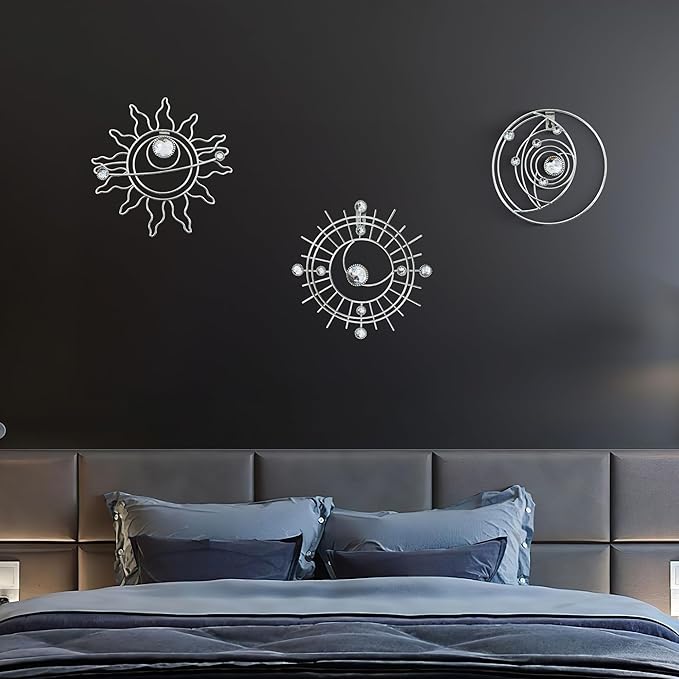 Silver Metal Wall Art, Abstract Sun Moon Star Decor, Modern Line Art Christmas Decorations, Mystical Star Circle Planet Handmade Wall Christmas Decor for Living Room Kitchen Office 9 inch
